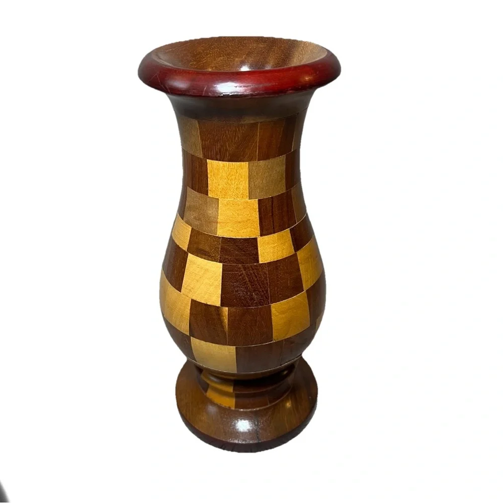 VTG Handcrafted Natural Wood Tones‎ Checkered Vase 9” Segmented Turned Wood Boho